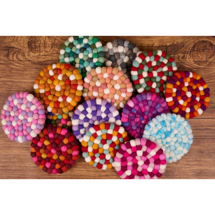 4-Inch Handmade Wool Felt Ball Coaster: Colorful Table Use and Decor