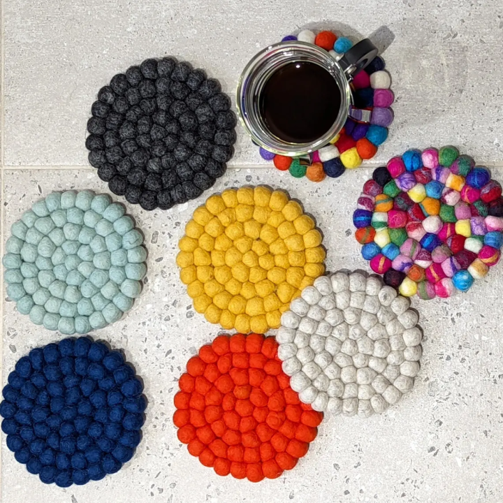Handmade Felt Stitched Coaster, Fun Felt Ball Coasters
